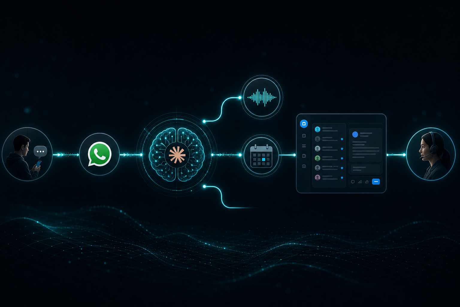 Fluxo: cliente → WhatsApp → IA → CRM → time humano